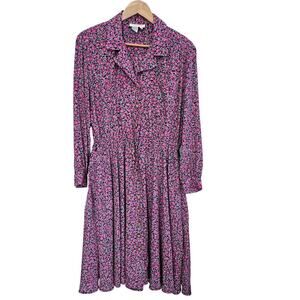 Vintage Schrader 80s Shirt Dress Women Size 14 Pink Floral Midi Pleated Coquette